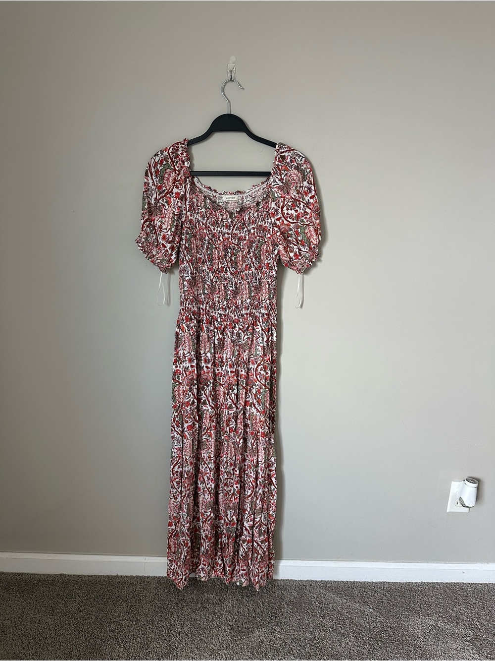 Max Studio Red Floral Smocked Maxi Dress with Puff Sleeves